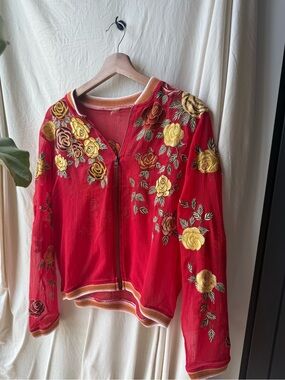 Red Floral Embroidered Zip-Up Bomber Jacket